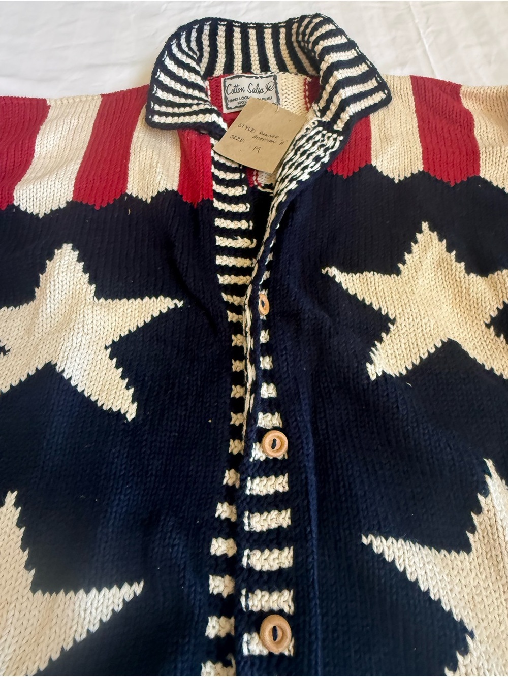 NWT Vintage Cotton Salsa Patriotic Star Cardigan Sweater Hand Loomed Peru Size M - Picture 4 of 8